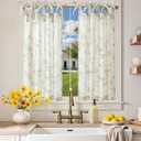 jinchan Floral Kitchen Curtains 36 Inch Linen Tier Curtains Farmhouse Cafe Half Window Drapes Over Sink Light Filtering Black on Beige for Living Room Laundry Tie Top 2 Panels