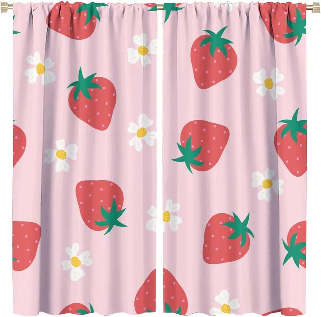 Strawberry Girls Blackout Curtain Cute Pink Strawberry Window Curtain Darkening Drapes Rod Pocket Bedroom Living Room Cafe Kitchen Dining Room 2 Panels 42x45 in, Style-5