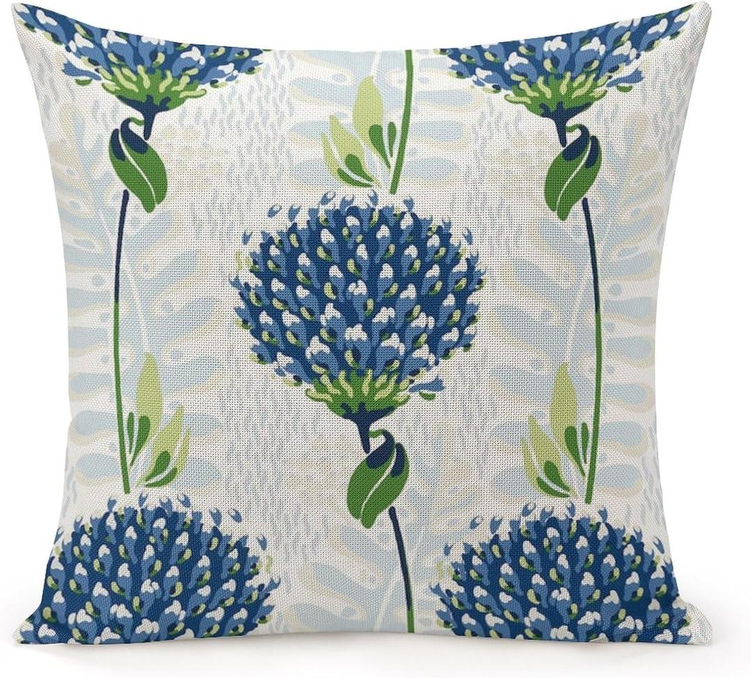 POMOTER Blue Flower White Check Throw Pillow Cover,Traditional Checkered Decorative Pillow Cases Cotton Linen Square Cushion Covers for Sofa Couch,20"x20"