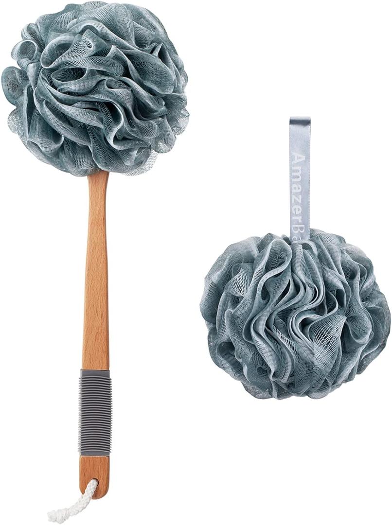 AmazerBath Shower Sponge Loofah Back Scrubber, PE Soft Mesh Loofah Body Scrubber with Long Wooden Handle, Bath Sponge for Men Women (Gray) AmazerBath Shower Sponge Loofah Back Scrubber, PE Soft Mesh Loofah Body Scrubber with Long Wooden Handle, Bath Sponge for Men Women (Gray)