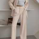 PRETTYGARDEN Women's Fall Two Piece Outfits Dressy Blazer Jacket and Wide Leg Pants Pockets Business Casual Office Suit Sets (Beige,Medium)