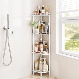 ELYKEN Corner Shower Caddy Standing, 4 Tier Rustproof Metal Shower Organizer with Soap Holder, Floor Shower Corner Shelf Rack Storage Stands with Adjustable Feet & 2 Hooks for Bathroom, White