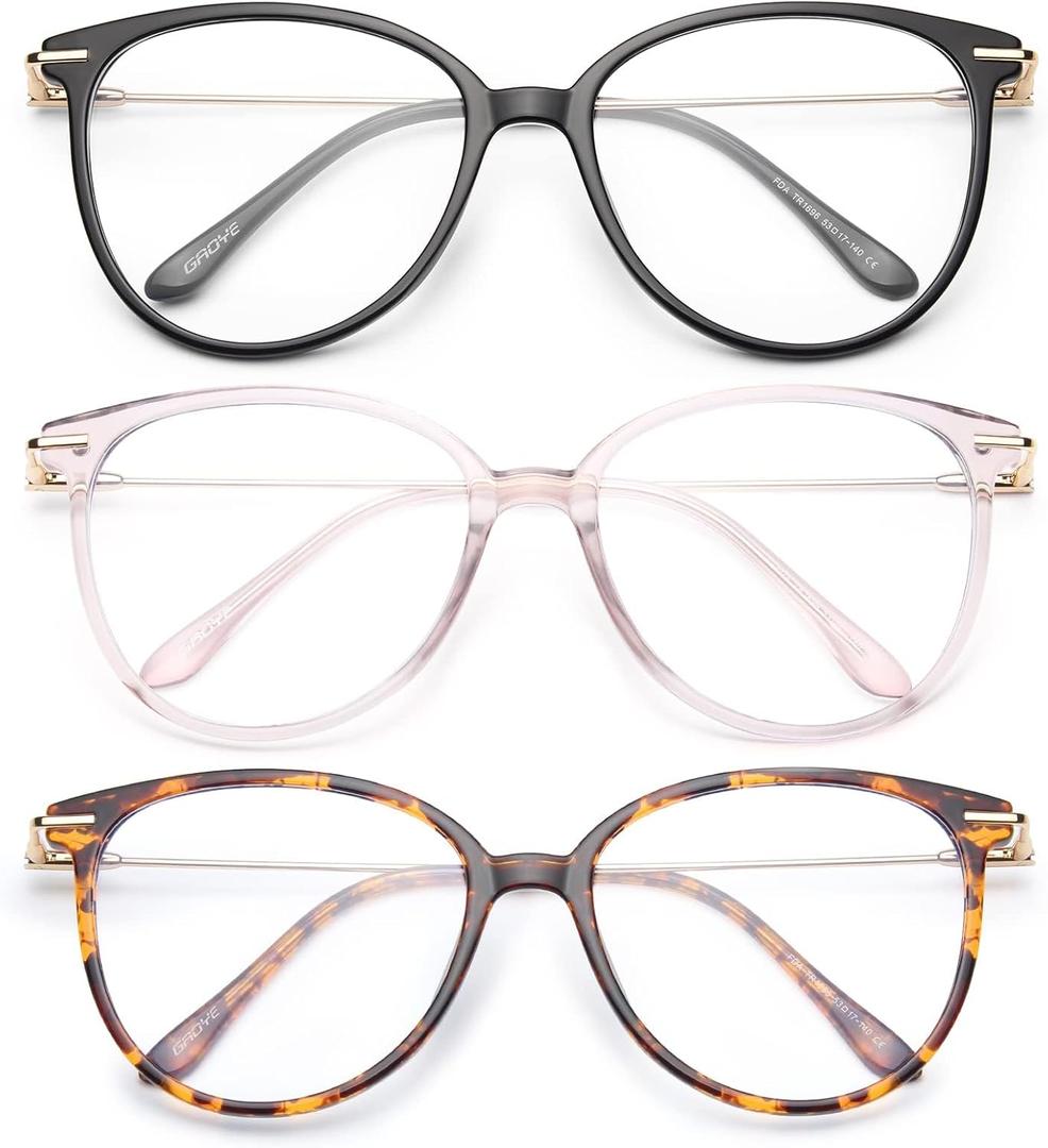 Gaoye Blue Light Blocking Glasses - Trending Round TR90 Frames, Metal Arms, UV400 Protection - Matching Soft Case (3-Black+Pink+Tea Leopard)