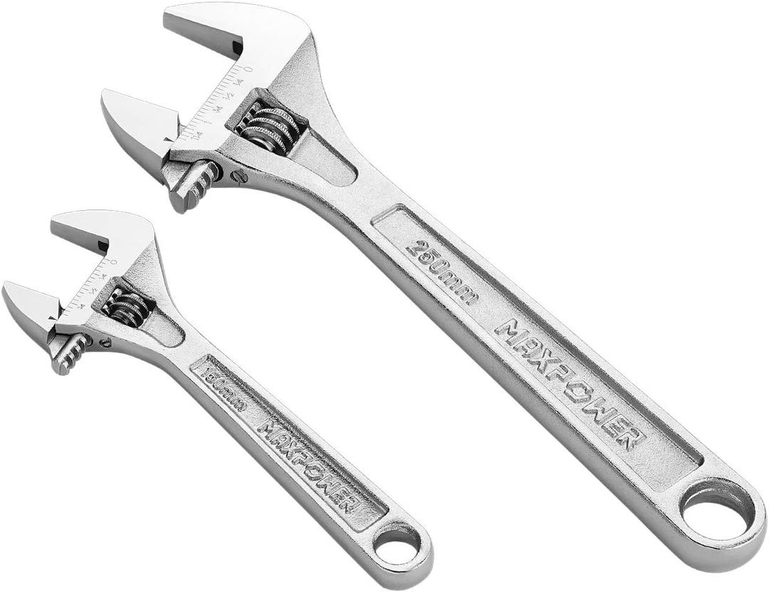 MAXPOWER 2PCS Heavy Duty Adjustable Wrench Set, Professional Shifter Movable Spanners with Extra Large Jaw Capacity, Drop Forged Cr-V Steel, Chrome Finish, Metric/SAE, Includes 6 Inch, 10 Inch
