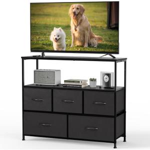 DUMOS TV Stand Dresser with 5 Fabric Storage Drawers, Media Console Featuring Open Shelf for 45 inch TV, Compact Entertainment Unit for Bedroom, Living Space, or Dorm Organization, Black
