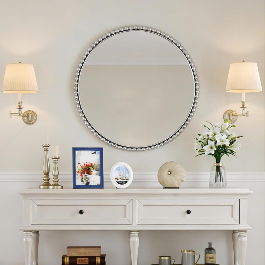 PERHOM Round Mirror for Wall Decor, 31.5"x31.5" Antique Mirror with Solid Beaded Frame, Baroque Aesthetic Mirrors for Bathroom, Bedroom, Living Room, Entryway, Fireplace, Silver