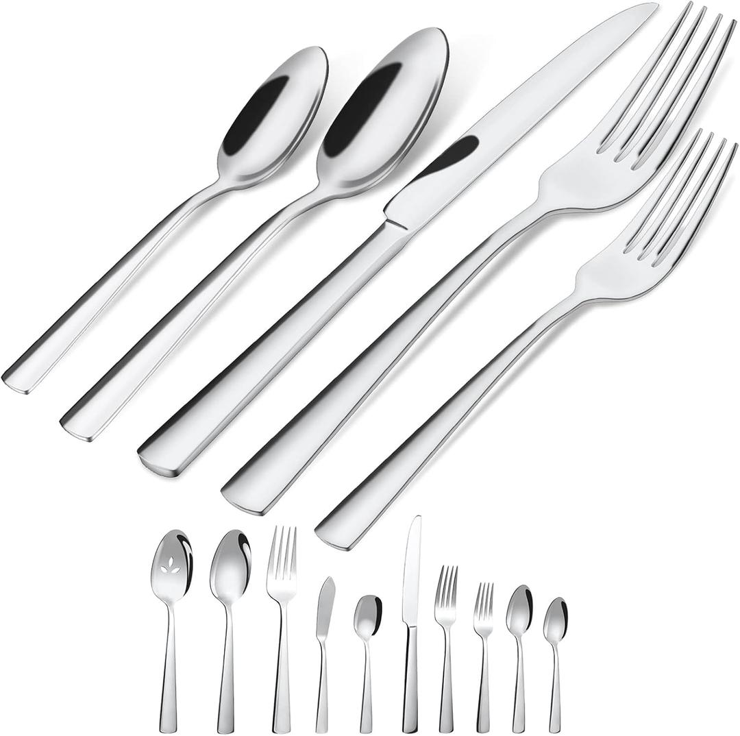 45-Piece Flatware Sets, Silverware Set for 8, Durable Stainless Steel Tableware in Ergonomic Design Size and Weight, Kitchen Utensils Set with Steak Knives, Rust-proof, Dishwasher Safe