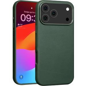 For iPhone 17 Pro Max Leather Case Compatible with Magsafe, Top Grain Leather, Professional Slim Fit Shockproof, Metal Buttons & Camera Bump Frame Phone Protective Magnetic Cover - Green