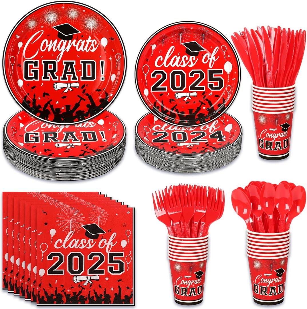 Upigi 175PCS Graduation Plates and Napkins Set 2025 Graduation Party Supplies Tableware Set Include Paper Plate Napkin Cup Knife Fork Spoon for Grad Party Decor Serve25 (Red and Black)