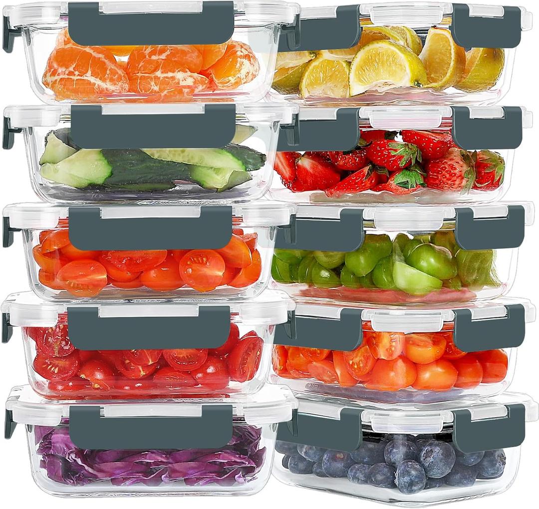 KOMUEE 10 Packs 22 oz Glass Meal Prep Containers, Glass Food Storage Containers with Lids, Airtight Lunch Boxes BPA Free, Microwave and Freezer Safe (Gray)