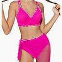 Girls Swimsuit V-Neck Shell Stitched Solid Color High Waisted 3 Piece Bathing Suit Bikini with Cover Up 13-14 Y