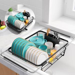 Sakugi Extendable Dish Drying Rack Over Sink with Dish Drainer, Sink Organization and Storage Essentials with Silverware & Utensil Holder, Home and Apartment Decor, 12" W x 16.1~23" L, Black