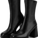 Putu Platform Boots for Women,GoGo Boots,Square Toe Chunky Heel Ankle Boots Pull on Booties (7.5, Black)