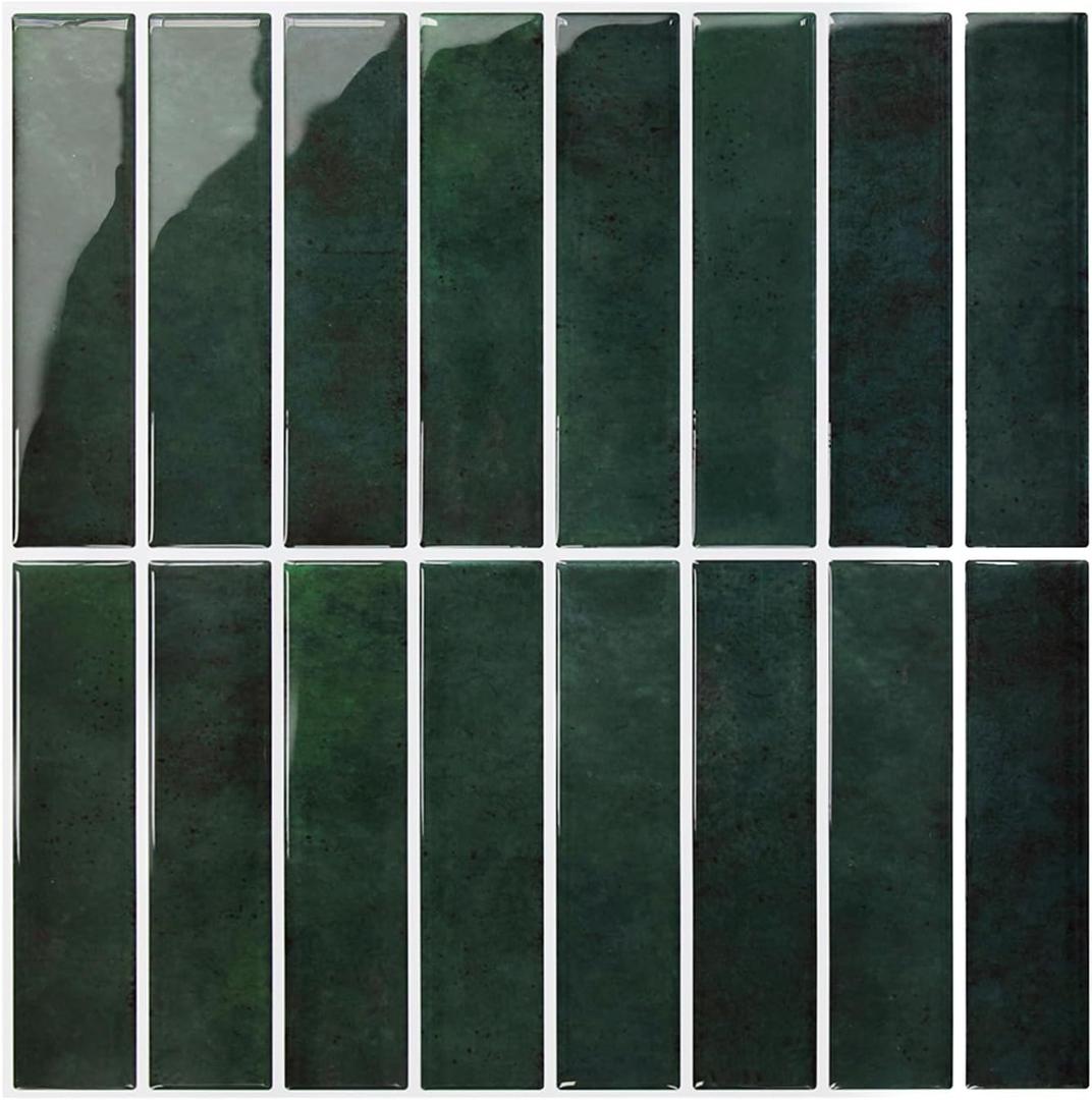 COMSTICKC Dark Green Peel and Stick Backsplash,10 Pcs 12''x12'', Forest Green Peel and Stick Tiles Stickers Adhesive Vinyl Backsplash Kitchen Bathroom,Waterproof,Removable (Dark Green)