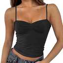 Sweetheart Neck Sleeveless Crop Tank Tops Backless Spaghetti Strap Pleated Bustier Camis Going Out Top, Black Size XS
