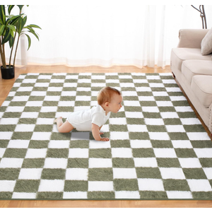 Super Soft Rug for Bedroom, 6x9 Ft Green and White Area Rug Classic Checkered Shaggy Anti-Skid High Pile Soft Fluffy Rug Fuzzy Carpet for Living Room Bedroom Kids Room Nursery, Dorm Home Decor