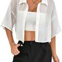SHENHE Women's Sheer Button Up Blouse Half Sleeve Cropped Loose Button Down Shirt Top, Medium
