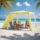 Beach Cabana-6.6x6.6Beach Canopy with Side Wall,Portable Umbrella Tent with Sand Pockets for Family & Friends,Easy Up Beach Sun Shelter for Outdoor Patios,Backyards,and Camping,Yellow Stripes, 78.74 x 78.74 x 90.55 inches