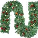 LOMIMOS 9FT Christmas Lighted Artificial Garland, Xmas Battery Operated Green Rattan with 50 Lights Pine Cones Red Berries for Fireplace Stair Mantle Indoor Outdoor Home Fireplace Porch Decoration(A)