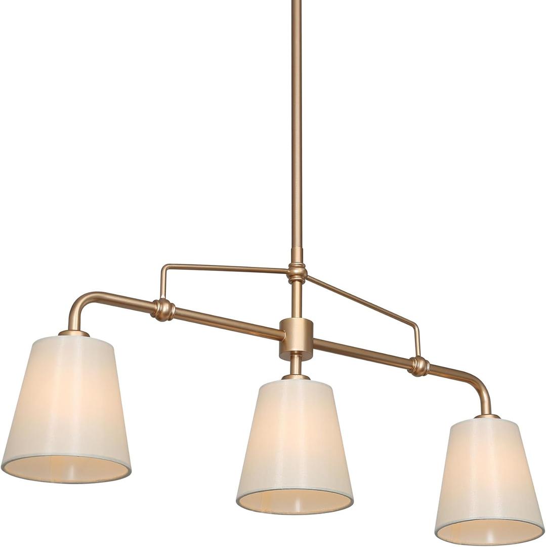 KSANA Chandeliers for Dining Room, 3 Light Gold Linear Chandelier Modern Chandelier Kitchen Island Light with White Fabric Shade for Dining Room, Living Room, Hallway