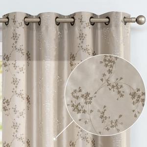jinchan Embroidered Floral Curtains for Living Room 63 Inch Length Faux Silk Curtains Taupe Grommet Top Flower Patterned Drapes Light Filtering Window Curtain Set 2 Panels