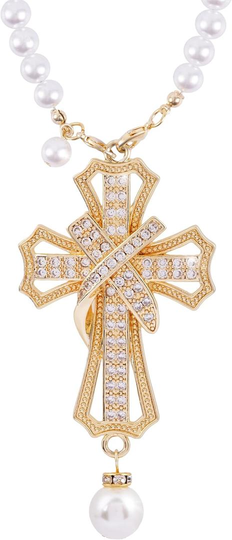 Car Rear View Mirror Hanging Cross Charm, Christian Car Accessories, Rearview Mirror Accessories, Cross for Car, 18K Gold Plated Brass with CZ Crystals & Pearl Beads, Faith Gift for Drivers Safe Travel