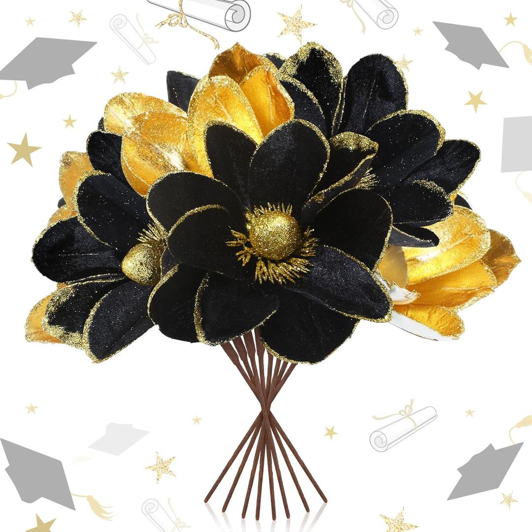 Giegxin 8 Pcs Glitter Black Gold Graduation Decorations Class of 2025 Flowers Black and Gold Centerpieces for Tables Artificial Magnolia Stems for College High School Grad Party Decor