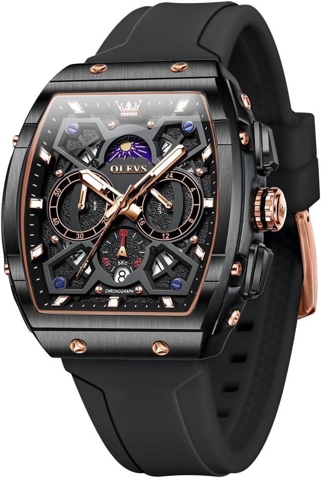 OLEVS Watches for Men Casual Luxury Large Face Multifunctional Chronograph Men's Watches Durable Silicone/Nylon Strap 3ATM Waterproof Men Watch Date Moon Phase Analog Quartz Watch Reloj para Hombre (G2942-black-all black)