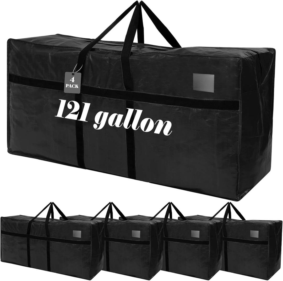 Windyun 4 Pack 121 Gallon Extra Large Moving Bags XXL Heavy Duty Storage Bag with Strong Zipper Handle Jumbo Big Tote Box Foldable for College Dorm Travel Clothes Duffle Blanket Pillow(Black)