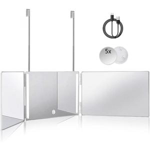 HIEEY 3 Way 360 Trifold Mirror with LED , Height Adjustable Telescoping Hooks,and 5X Magnification for Makeup,Hair Cutting/Styling (White)