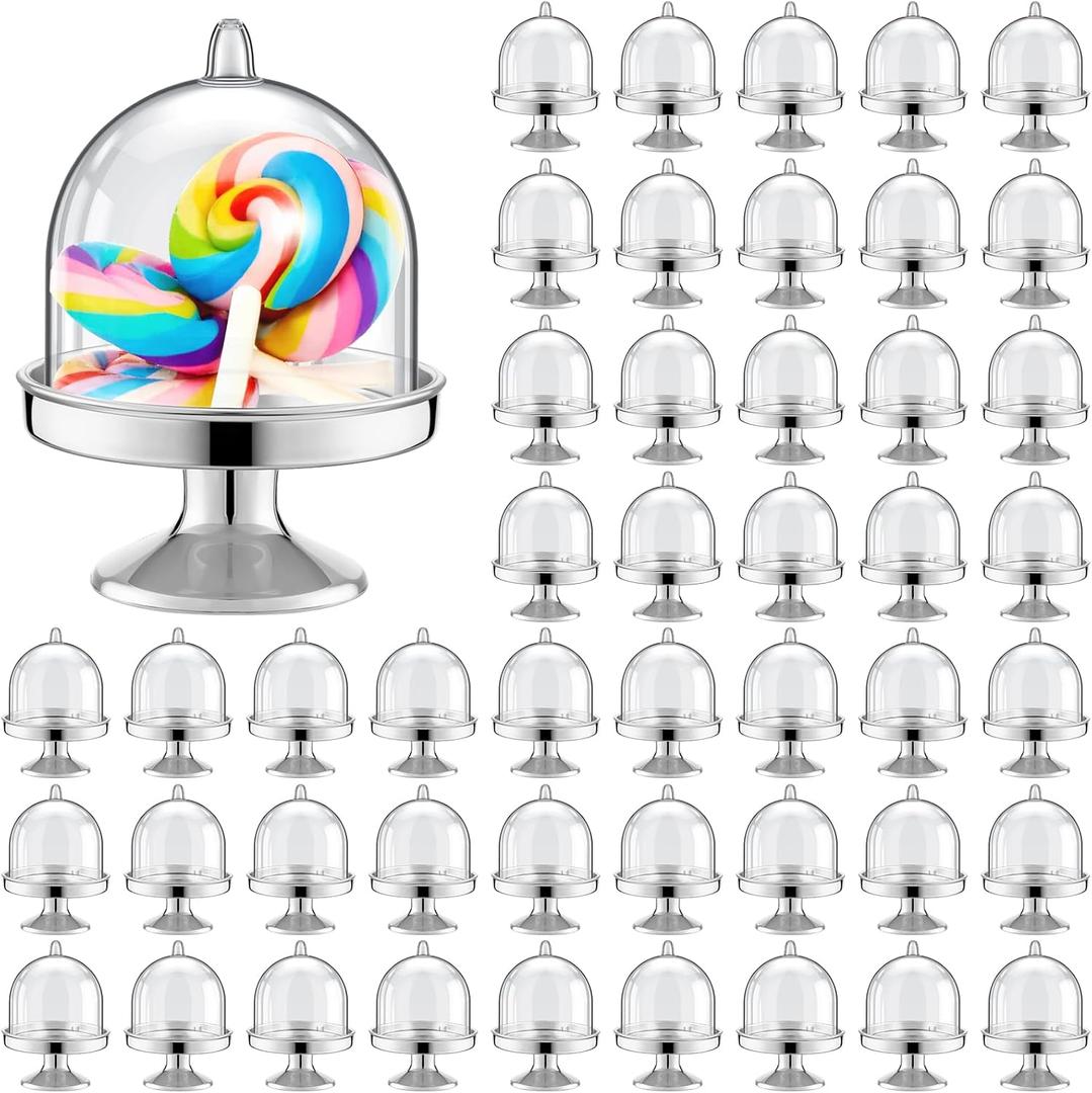 Tessco for you 48 Pieces Plastic Mini Cake Stand with Dome Cover Chocolate Candy Cupcake Containers Dessert Display Plate with Dome Cover for Birthday Wedding Holiday Party Supplies(Silver)