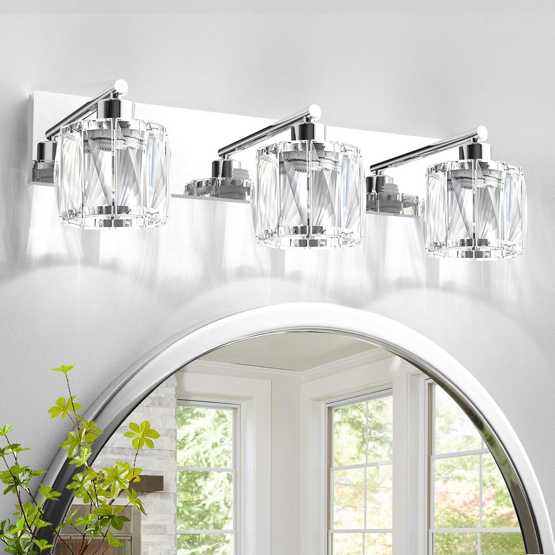 VOLISUN Crystal Vanity Lights for Bathroom, 3 Light Modern Stainless Steel Chrome Bathroom Vanity Light Fixture Over Mirror - UL Certificated (Bulb Not Included)