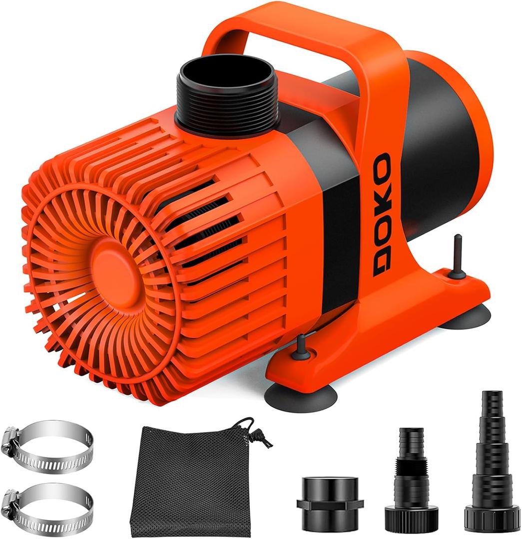 DOKO Submersible Water Pump, 2600GPH Pond Pump with 20FT Power Cord and 21 FT Lift Heigh, 200W Ultra Quiet Fountain Water Pump for Pond, Aquarium, Waterfall, Fish Tank, Hydroponic, Orange Black