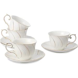 tea cups and saucers ceramic coffee mug 6oz for Coffee, Latte, Cafe Mocha and Tea-Set of 4, White