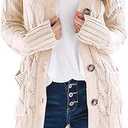 PRETTYGARDEN Long Sleeve Cable Knit Long Cardigan for Women 2025 Fall Winter Chunky Open Front Button Sweaters with Pockets. Size:XXL Color: Off-white