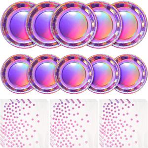 Iridescent Pink Party Supplies Decorations Serve 50, Hot Pink Holographic Paper Plates and Napkins Set, Disposable Iridescent Pink Paper Party Plates for Mermaid Birthday Wedding Party Supplies
