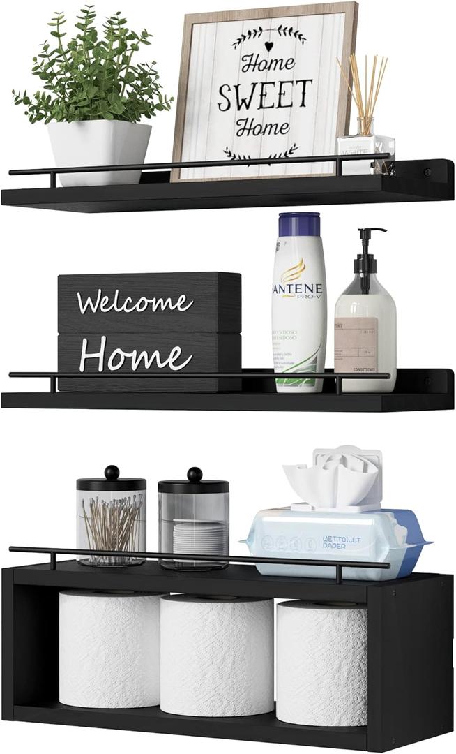 WOPITUES Floating Shelves for Wall with Cube Shelf, Wall Shelves with Metal Rail for Bathroom Decor, Bathroom Organizers and Storage, Over Toilet Shelves for Toilet Paper-Black (15.7 inch)