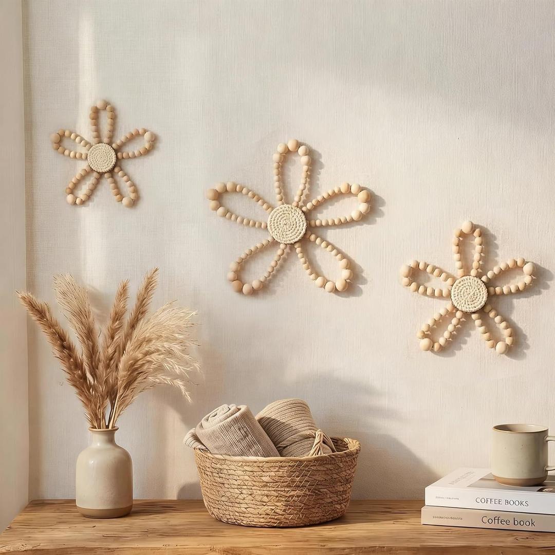 AceOrbit 3 Pcs Boho Daisy Flower Wall Decor, Wood Bead Daisy Wall Art, Beaded Wildflowers, Farmhouse Boho Nursery Decor for Baby Girls Kids Bedroom Dorm Playroom, 7.87'', 5.91'', 4.72''