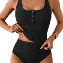 B2prity Women's Athletic Tankini Swimsuits Two Piece Adjustable Button-Up Bathing Suit Full Coverage High Waisted Swimwear (Medium, Black)