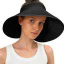 Womens Beach Straw Sun Hats Ponytail Hole Wide Brim Summer Visor Foldable Hat Sun Protection Packable for Travel Pool