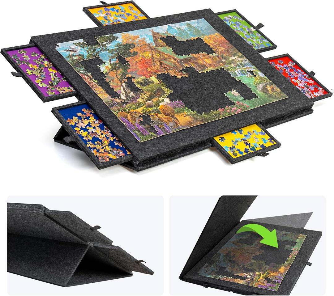 Lavievert 1500 Piece Tilting Jigsaw Puzzle Board with 2-in-1 Puzzle Stand & Cover, Lightweight Puzzle Boards with 6 Drawers, Portable Felt Jigsaw Table Puzzle Storage for Adults - Dark Gray