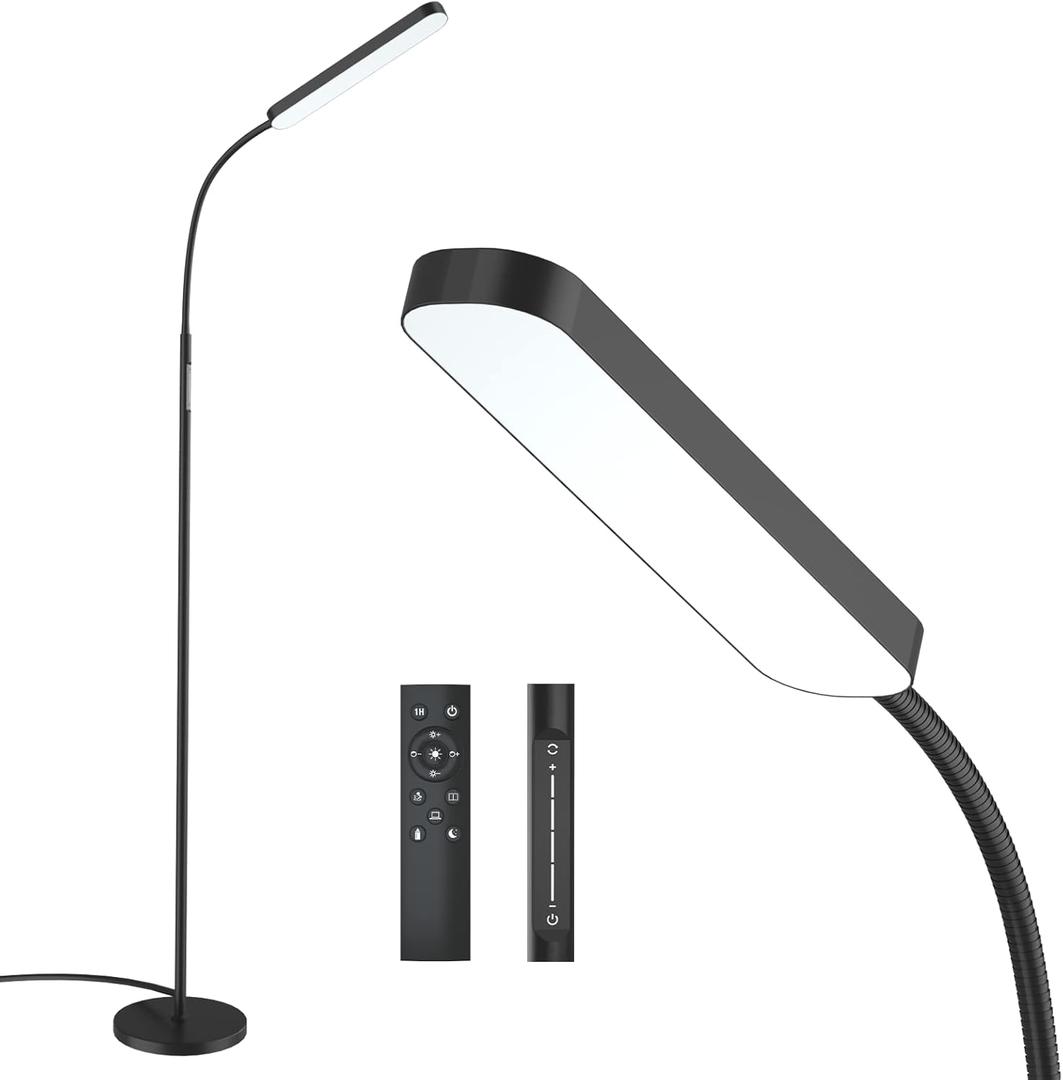 Floor Lamp -WioMio Led Floor Lamp with Remote and Touch Control for Stepless Dimmer & Temperatures, Harmless Light for Eye-caring, Adjustable Gooseneck Standing Lamp for Living Room & Bedroom. (1. Matte Black)