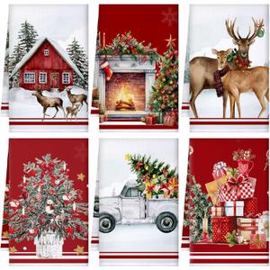 Geyoga 6 Pcs Christmas Kitchen Towels 16 x 24 Inch Vintage Xmas Hand Towels Santa Elk Snowman Decor Candy Dish Towel Absorbent Winter Tea Bedroom Decoration Gifts (Red, Green, Tree)