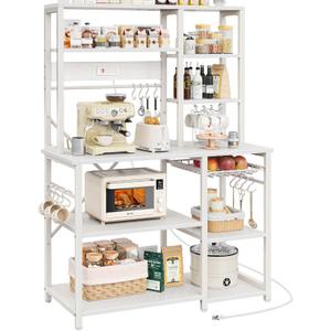 SUPERJARE Large Bakers Rack with Power Outlets, 6-Tier Microwave Stand, Coffee Bar with 12 S-Shaped Hooks, Kitchen Shelf with Wire Basket, 39.4 x 14.6X 66.9 Inches, White