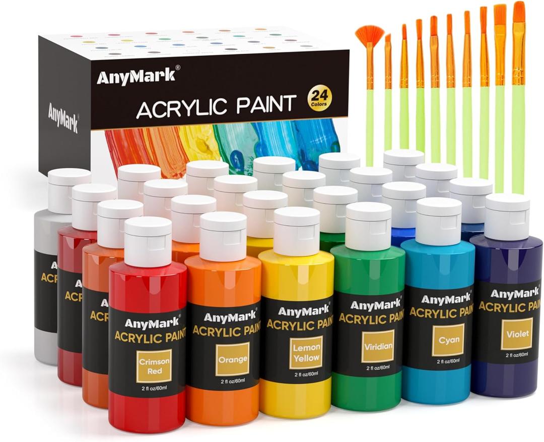 AnyMark Acrylic Paint Set, 24 Classic Colors with 10 Brushes, 2 fl oz/60ml Bottles, Art kit Painting Supplies for Adults Canvas, Rock, Wood