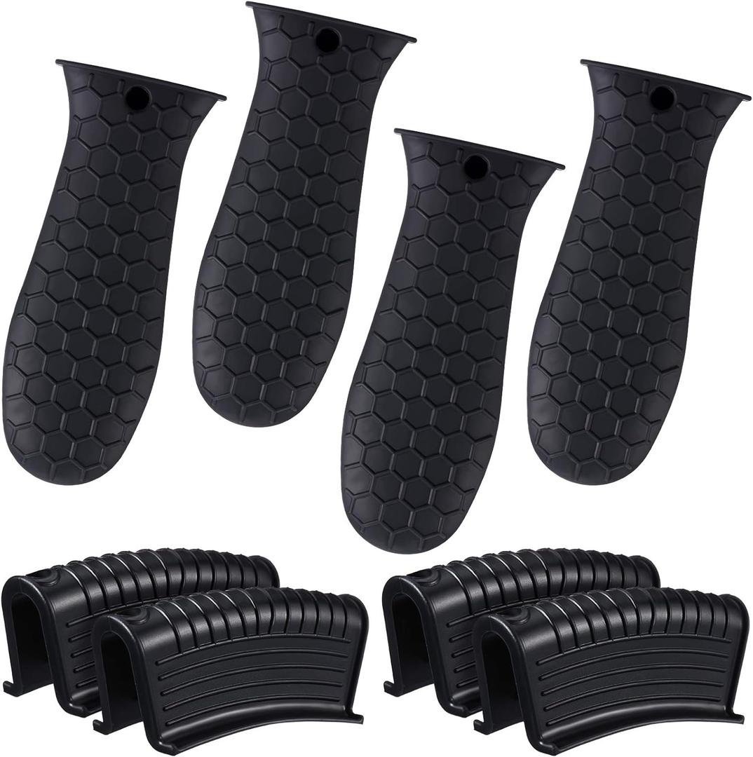 Patelai 8 Pcs Silicone Pot Holders Set Cast Iron Handle Cover Heat Resistant Pot Handle Covers Potholder Non Slip Reusable Pan Sleeve for Frying Pan Kitchen Supplies(Black)