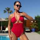 ELUWE Women's Textured Cutout One Piece Swimsuit - Halter Monokini Tummy Control Bathing Suit Slimming (Red, M)