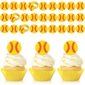 Honeydak 48 Pcs Softball Cupcake Rings Toppers Decoration Sport Ball Theme Cake Picks Softball Party Decoration Sport Cupcake Toppers Rings for Birthday Party Supplies