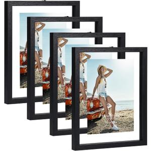 Trwcrt 5x7 Floating Picture Frames Set of 4, Double Glass Photo Frame Display up to 7 x 9 Photos for Desktop or Wall Hanging, Black