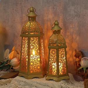 2 Pack Moroccan Lantern Lamp Decorative Candle Holders for Ramadan Decorations, Hanging, Outdoor Patio or Porch, Indoor Home Decor（Gold）